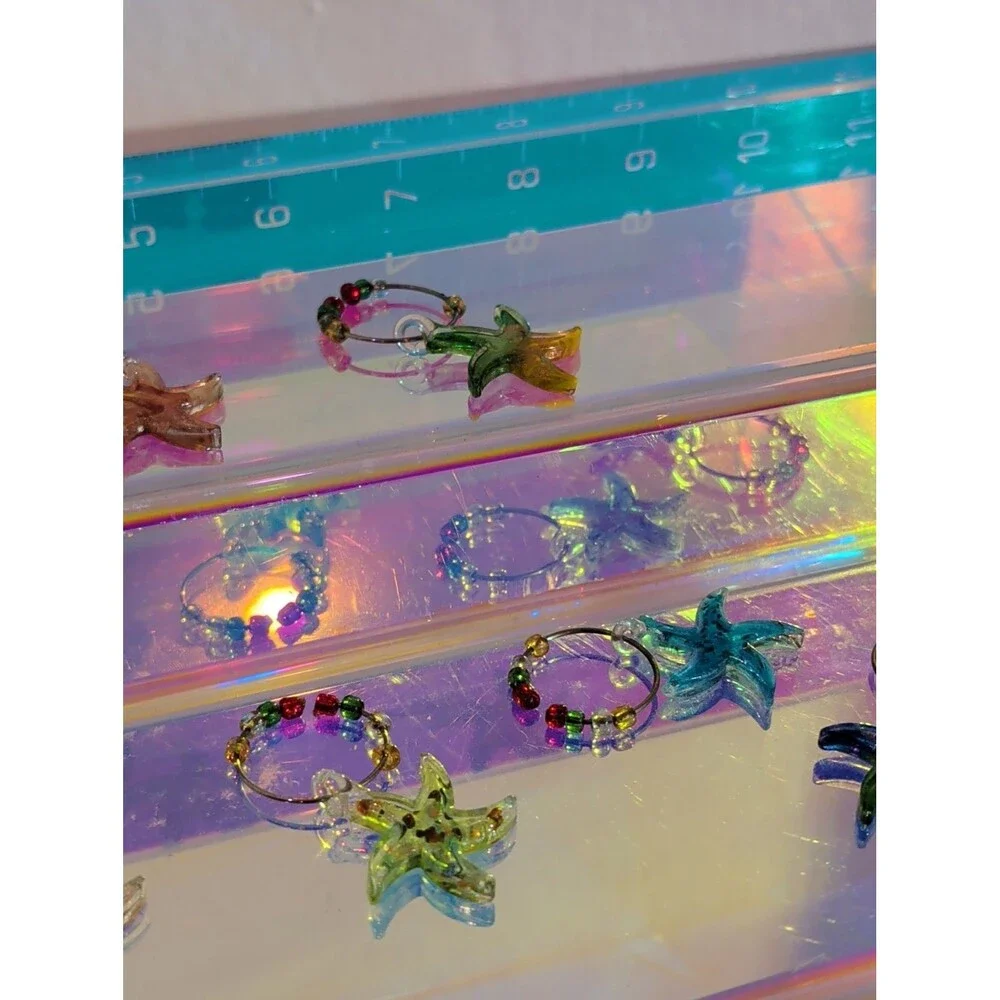Vintage Glass Starfish Wine Glass Charms Set of 6 Multicolor Coastal Beaded